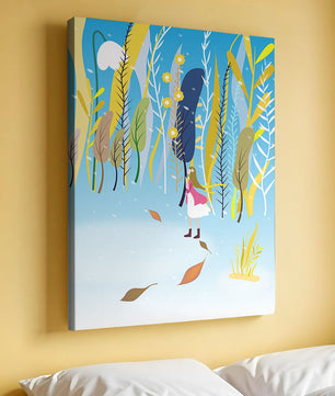 Ilustración caprichosa de una niña en un bosque abstracto vibrante