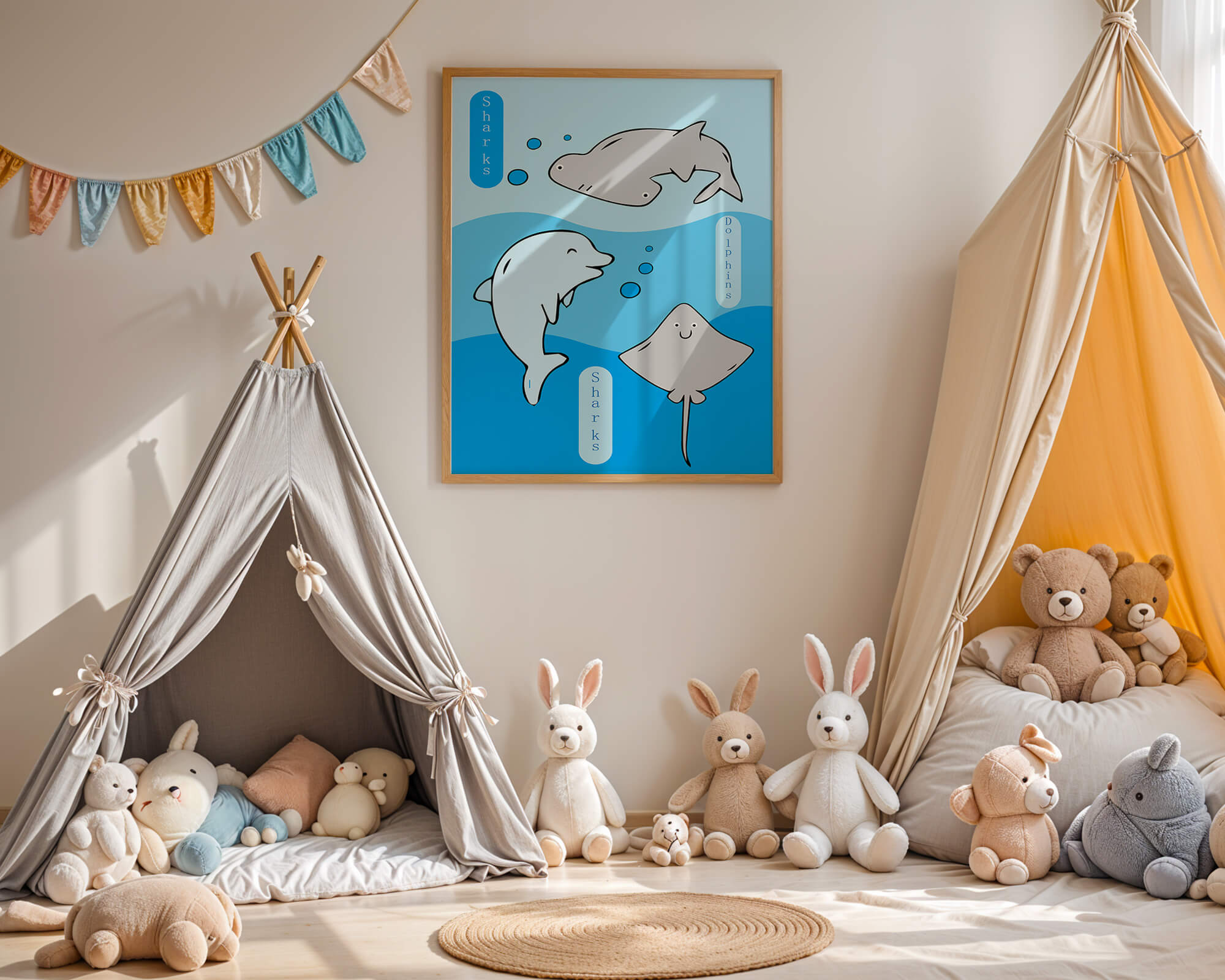Cartoon sea animals illustration with shark, dolphin, and stingray