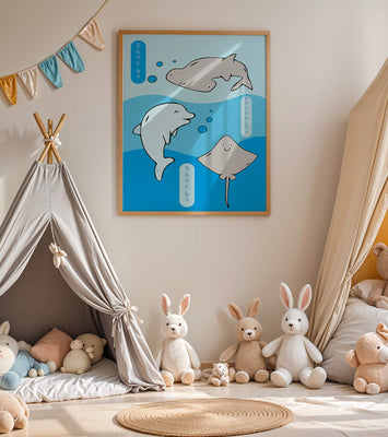 Cartoon sea animals illustration with shark, dolphin, and stingray