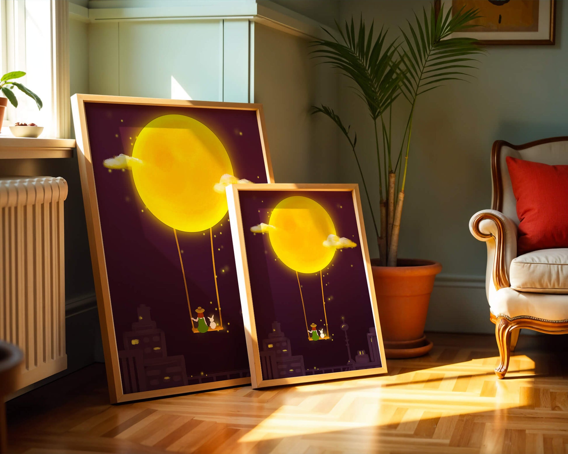 Whimsical night scene with a girl and a rabbit on a swing beneath a glowing moon