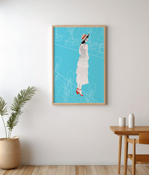 Stylish woman in polka dot dress with hat in modern abstract scene