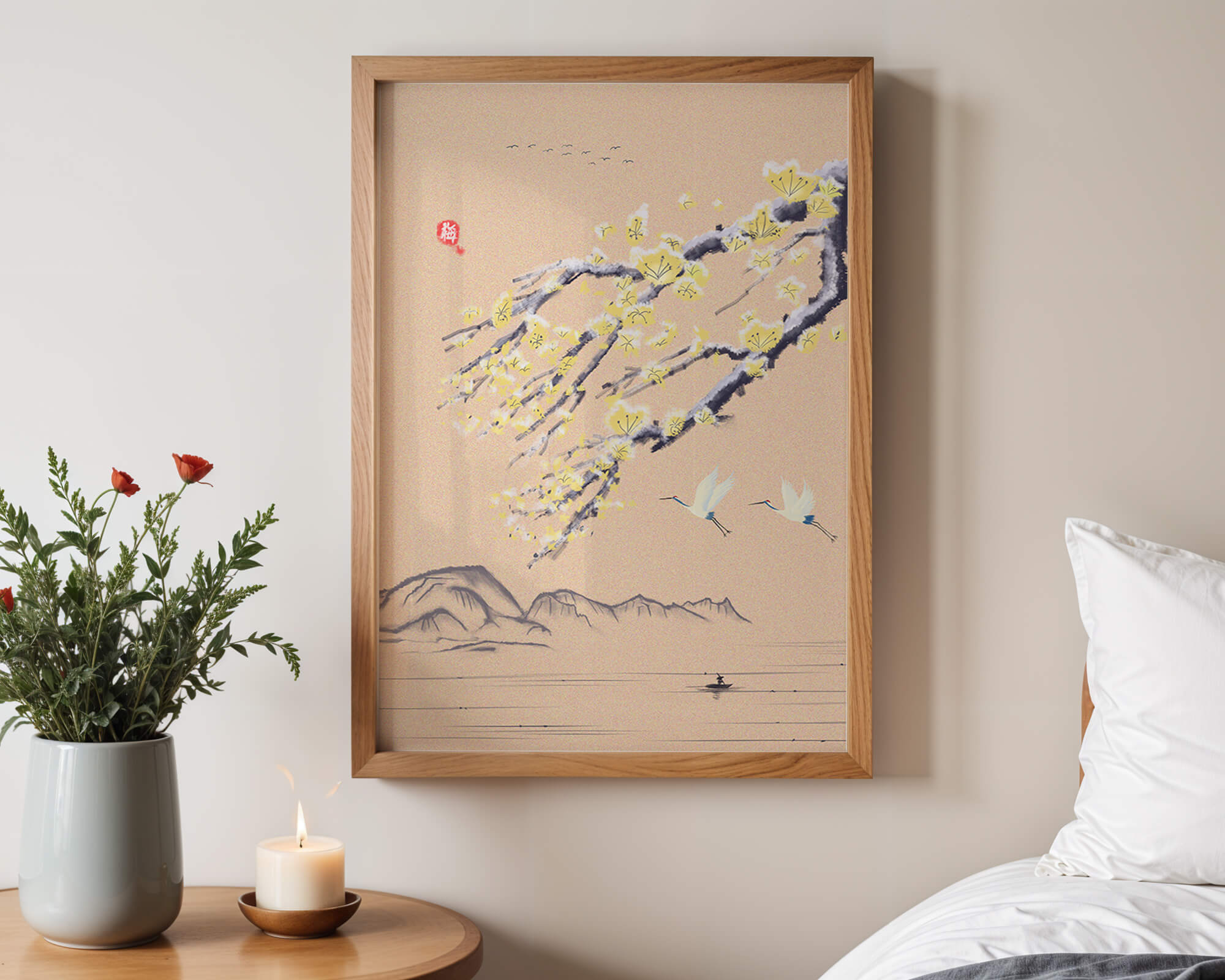 Tranquil landscape with blooming branches and flying cranes