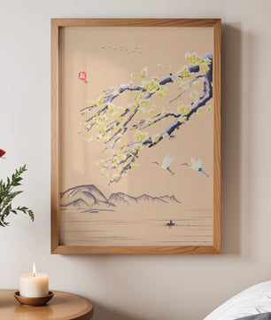 Tranquil landscape with blooming branches and flying cranes