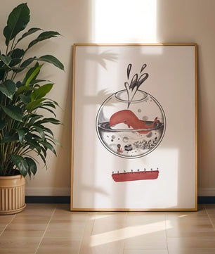 Ilustración de una ballena dentro de una pecera con una regla rosa