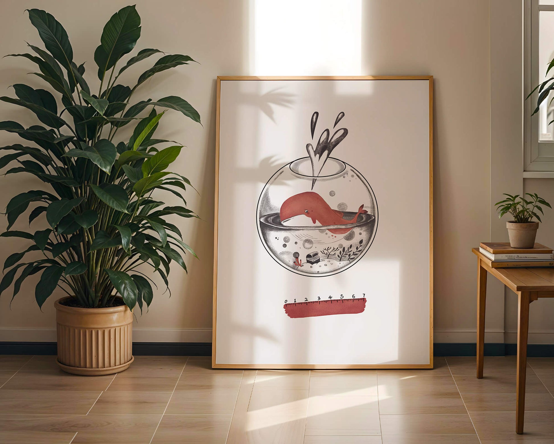 Illustration of a whale inside a fishbowl with a pink ruler