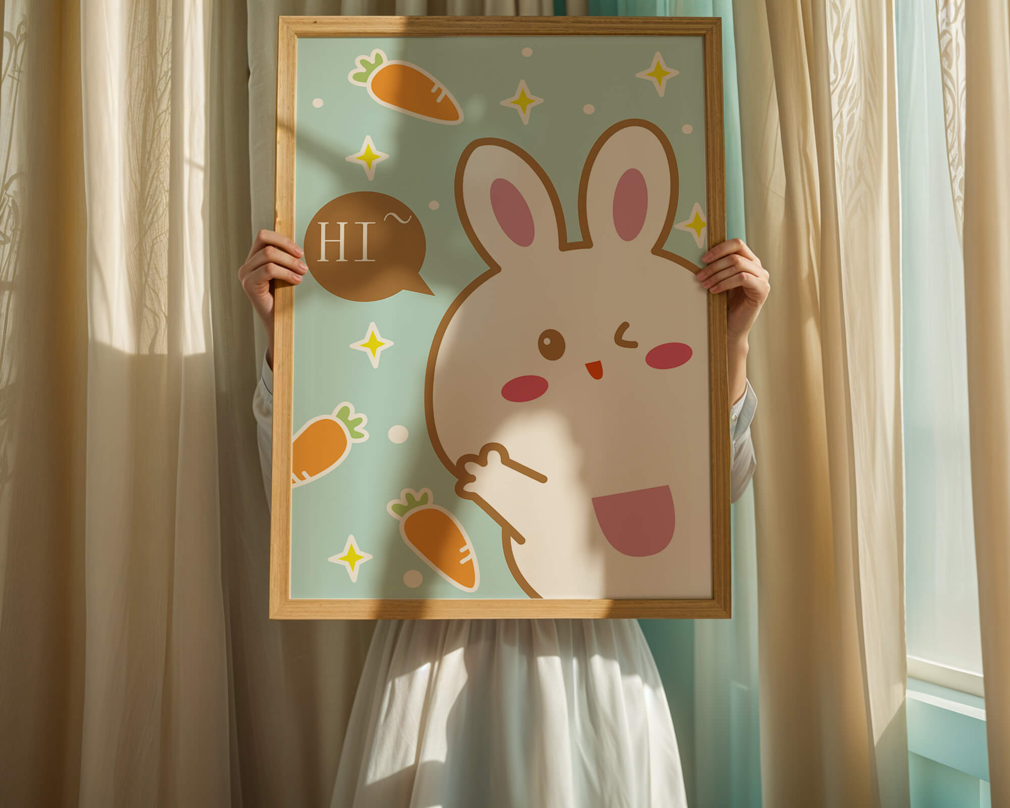 Playful cartoon bunny with carrots and stars on teal background