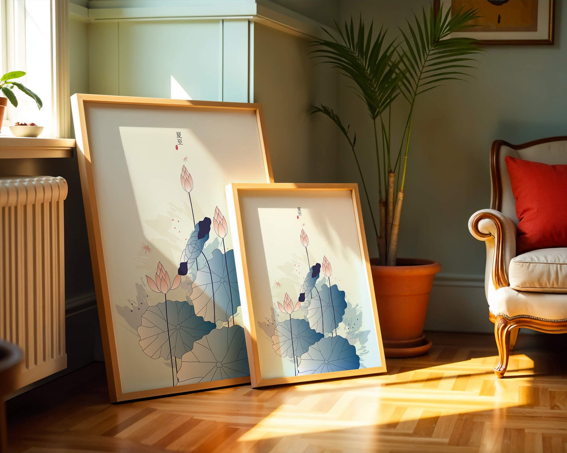 Lotus flower and dragonflies in elegant pastel illustration