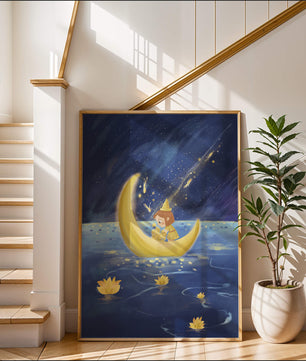 Voyage nocturne magique avec une fille dans un bateau-lune doré