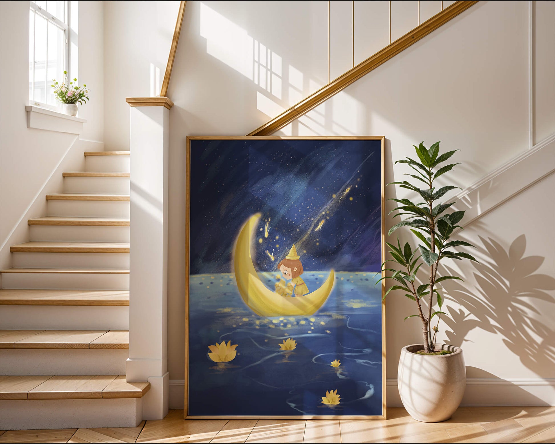 Magical Night Journey with Girl in Golden Moon Boat