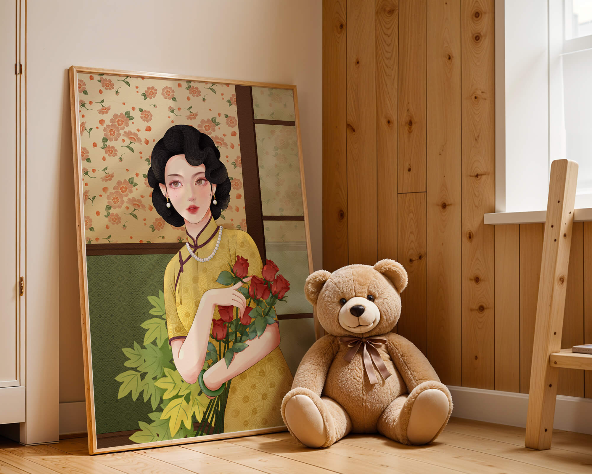 Elegant woman with floral backdrop holding a bouquet