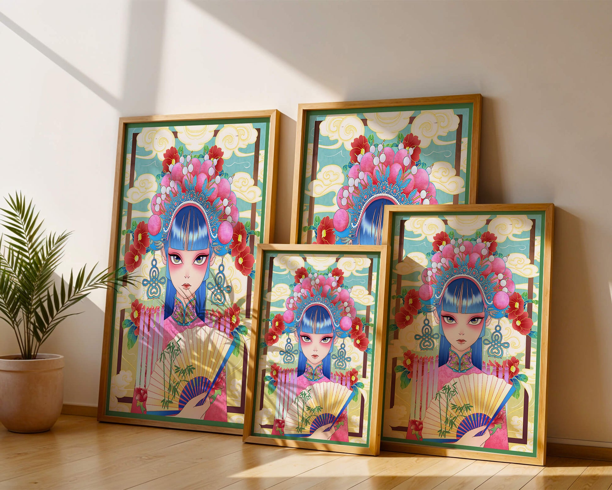 Ilustración elegante inspirada en el arte asiático con tocado elaborado y motivos florales