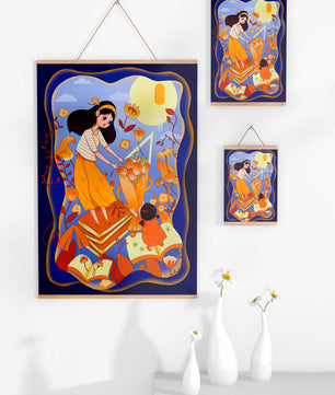 Whimsical illustration with woman and child among books and flowers