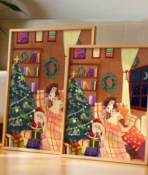 Cozy Christmas scene with tree, gifts, and a child by the window
