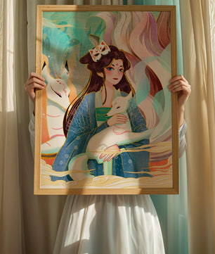 Œuvre de fantasy élégante mettant en scène une figure mystique accompagnée de renards et de couleurs vibrantes