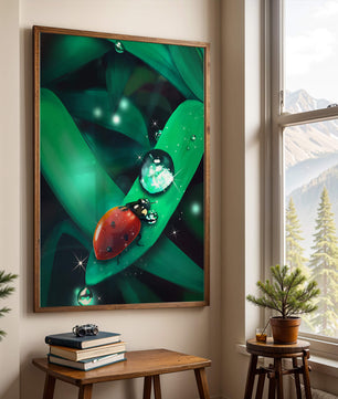 Ladybug on a Leaf with Dew Drops in a Vibrant Nature Scene - Mi tienda