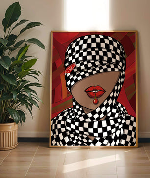 Abstract Art of Woman with Checkered Pattern and Red Lips - Mi tienda