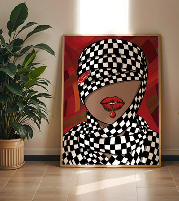 Abstract Art of Woman with Checkered Pattern and Red Lips