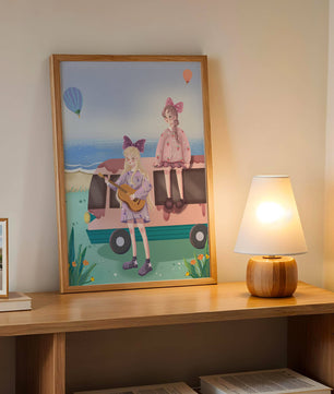 Serene beach scene with whimsical characters and hot air balloons