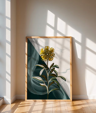Abstract floral design featuring a golden flower with textured leaves