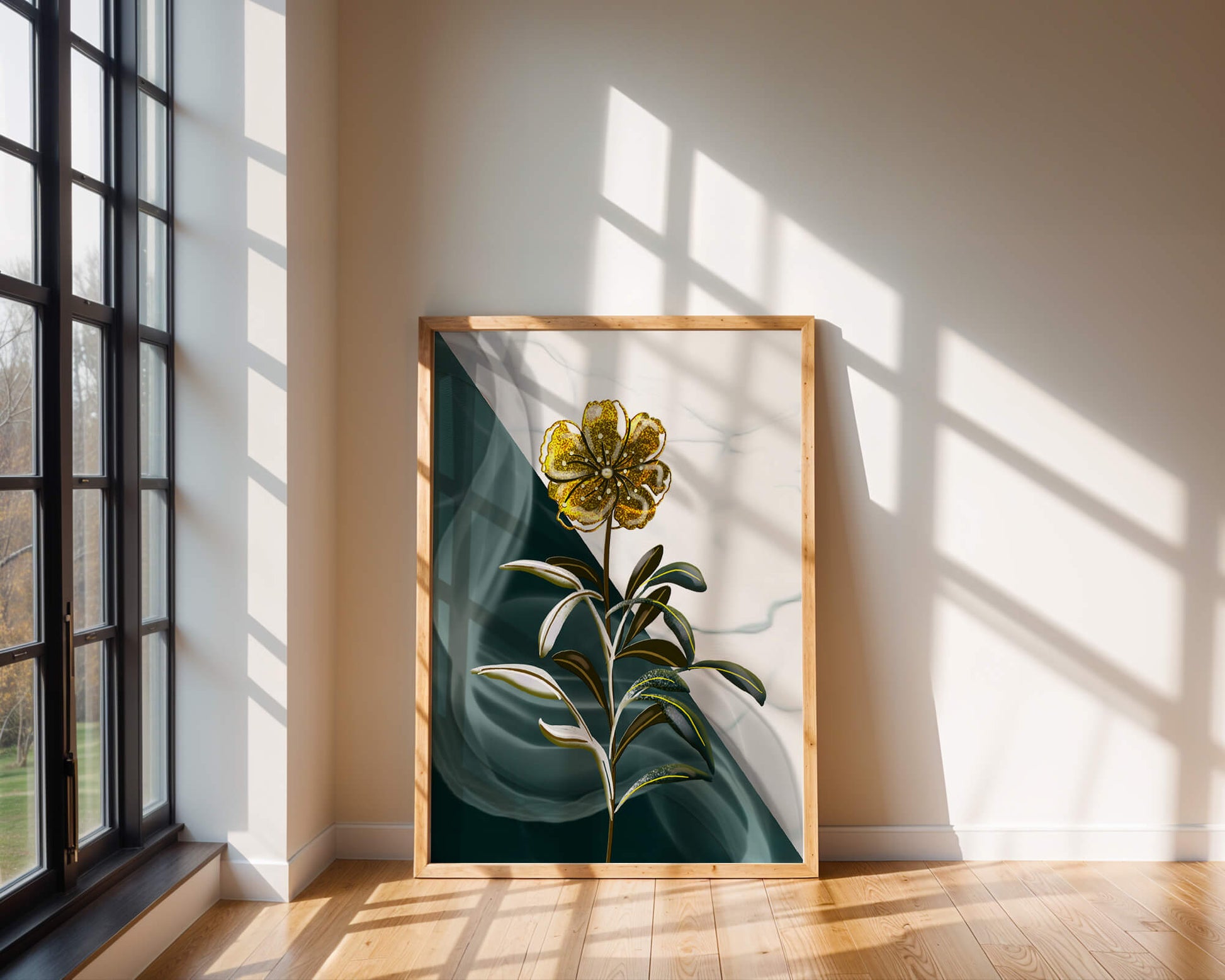 Abstract floral design featuring a golden flower with textured leaves