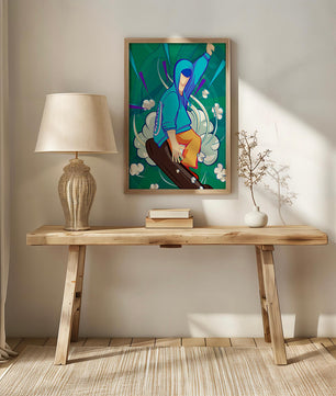 Ilustración abstracta colorida de una persona en movimiento con tonos azules y verdes