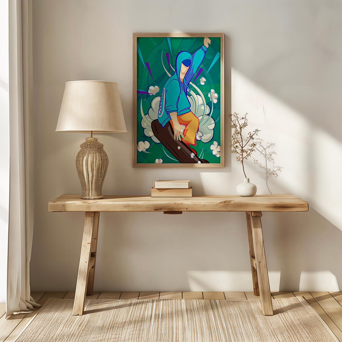 Ilustración abstracta colorida de una persona en movimiento con tonos azules y verdes