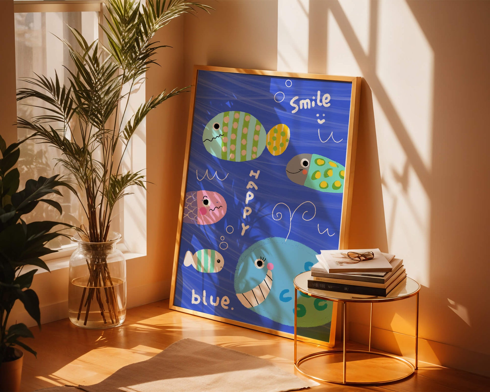 Colorful underwater scene with smiling cartoon fish