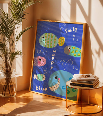 Colorful underwater scene with smiling cartoon fish