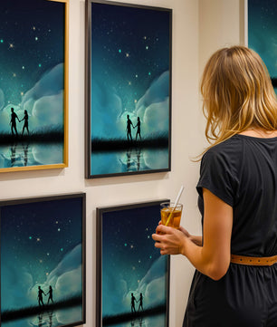 Pareja romántica paseando bajo la noche estrellada con reflejos celestiales