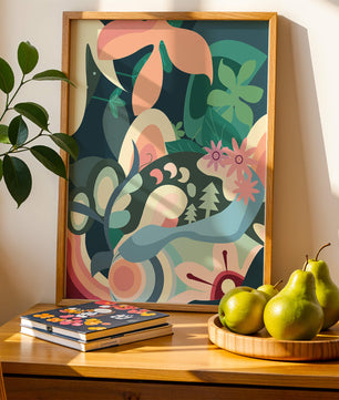 Abstract botanical artwork with vibrant colors and natural elements