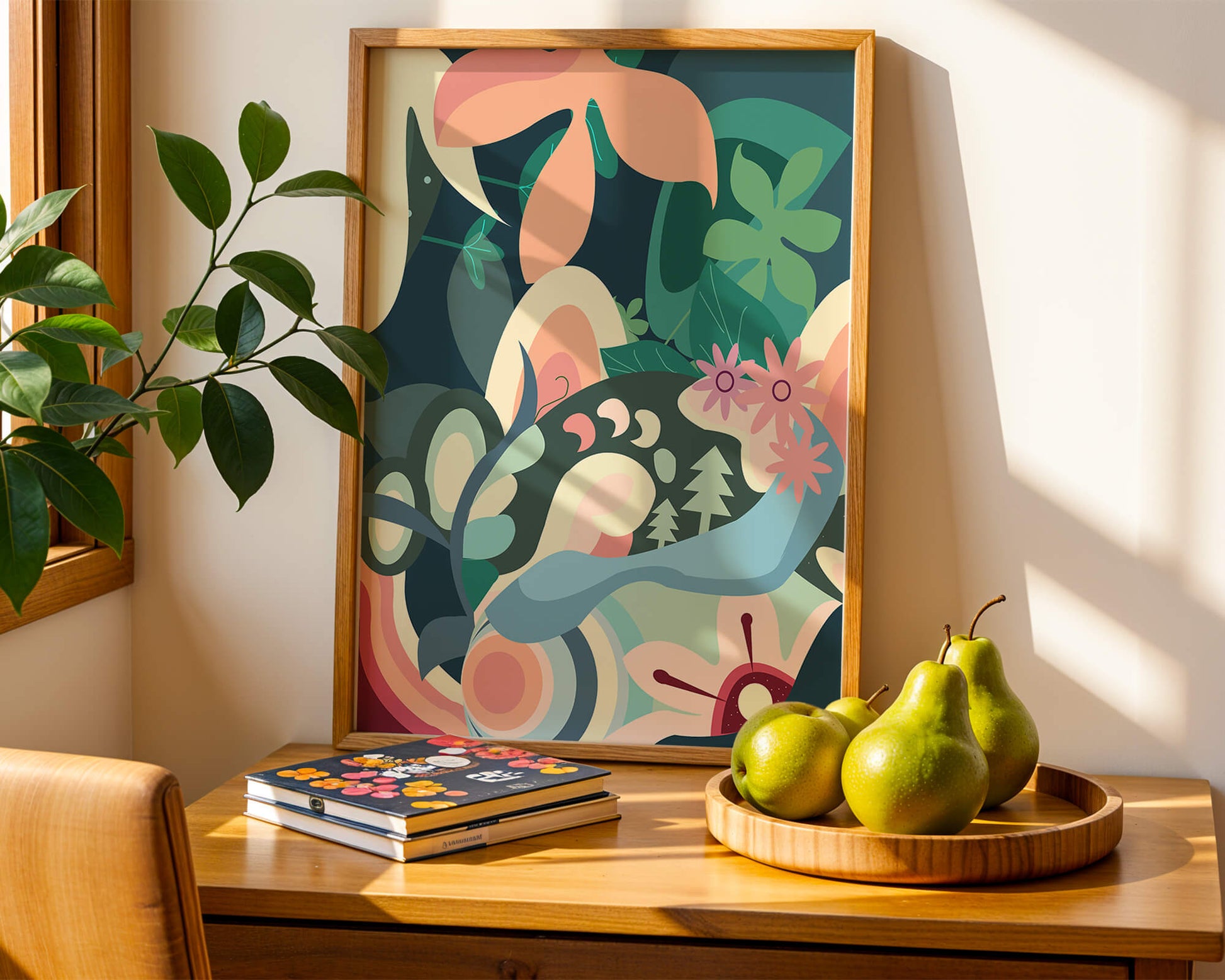 Abstract botanical artwork with vibrant colors and natural elements