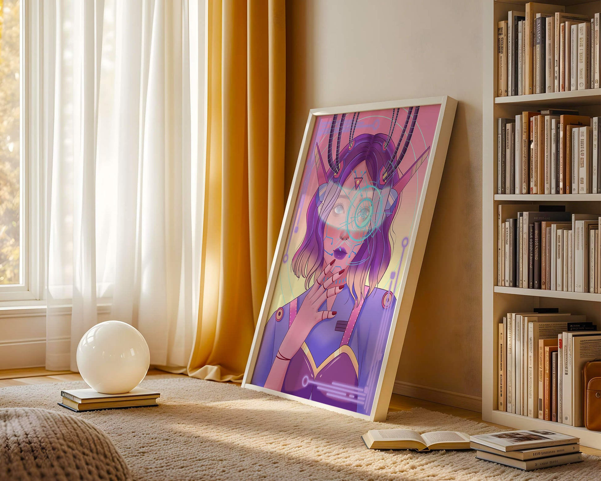 Futuristic digital art featuring a cybernetic woman with a holographic interface