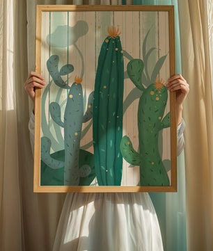 Colorful Cacti with Golden Elements on a Textured Background
