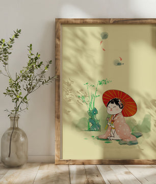 Cat in Traditional Japanese Dress with Umbrella in Zen Garden - Mi tienda