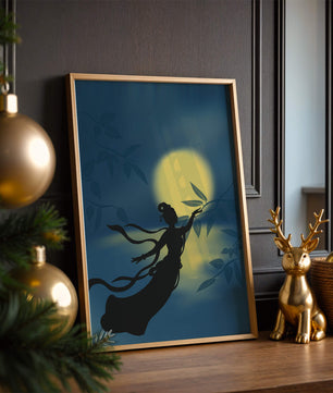 Silhouette of a Woman Reaching for Leaves in Front of a Full Moon