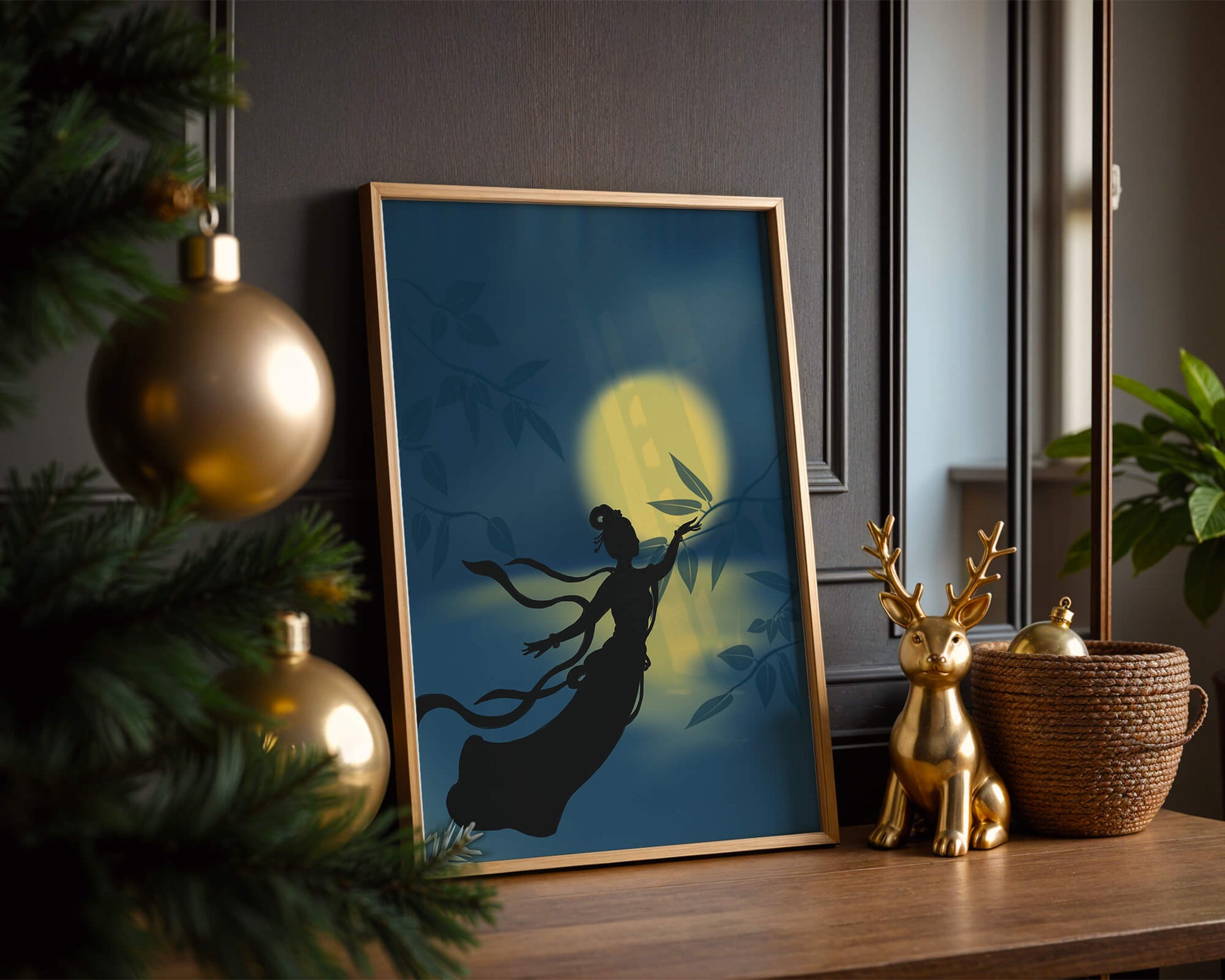 Silhouette of a Woman Reaching for Leaves in Front of a Full Moon