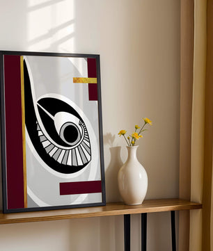Arte geométrico abstracto con motivo de ojo y detalles dorados