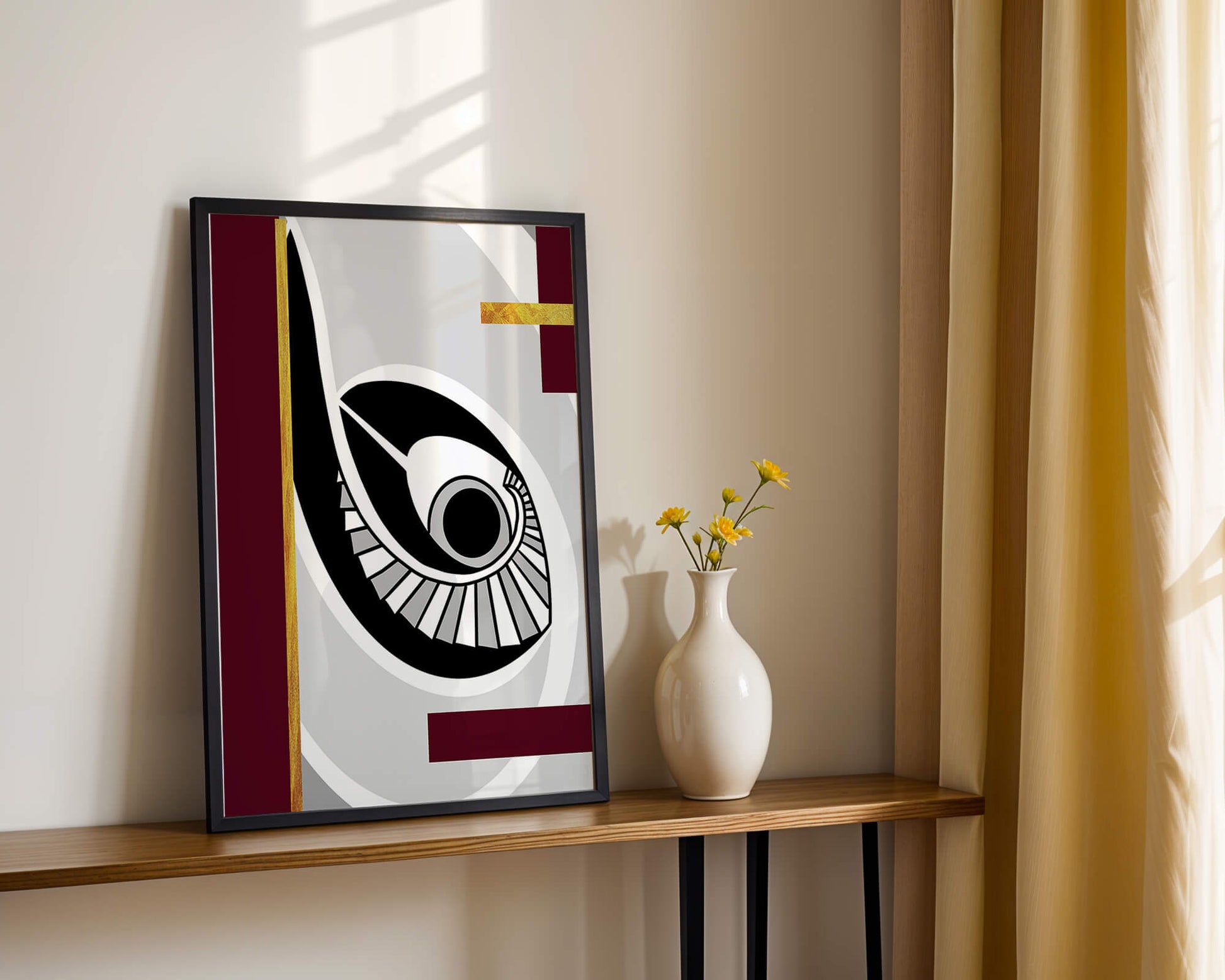 Arte geométrico abstracto con motivo de ojo y detalles dorados