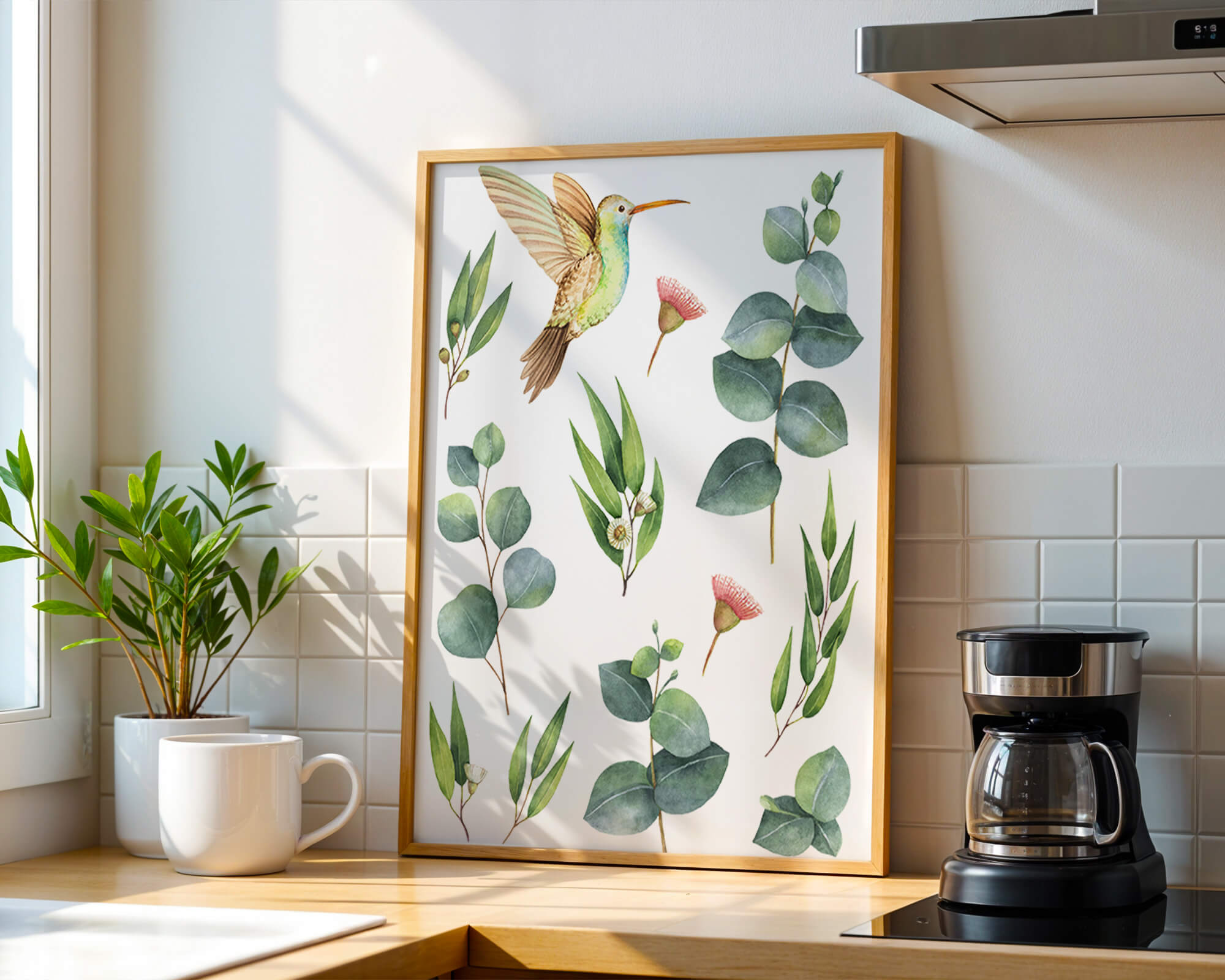 Watercolor hummingbird and eucalyptus leaves illustration