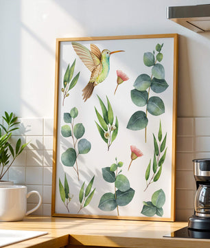 Illustration d'un colibri à l'aquarelle et de feuilles d'eucalyptus