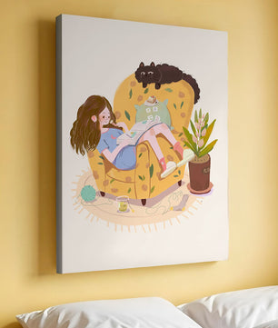 Cozy Reading Corner with Relaxed Girl and Cat