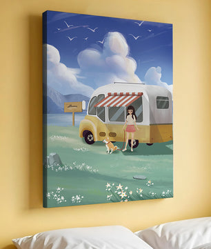 Girl with dog by camper van in serene nature setting
