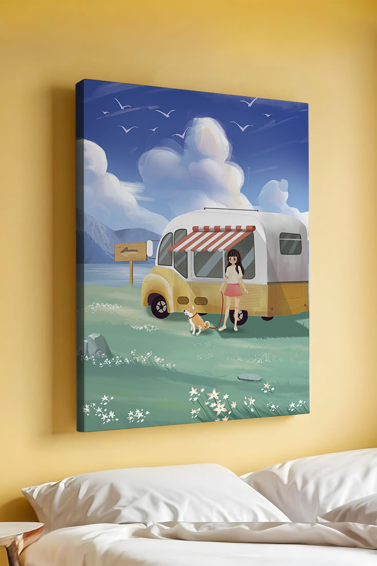 Girl with dog by camper van in serene nature setting