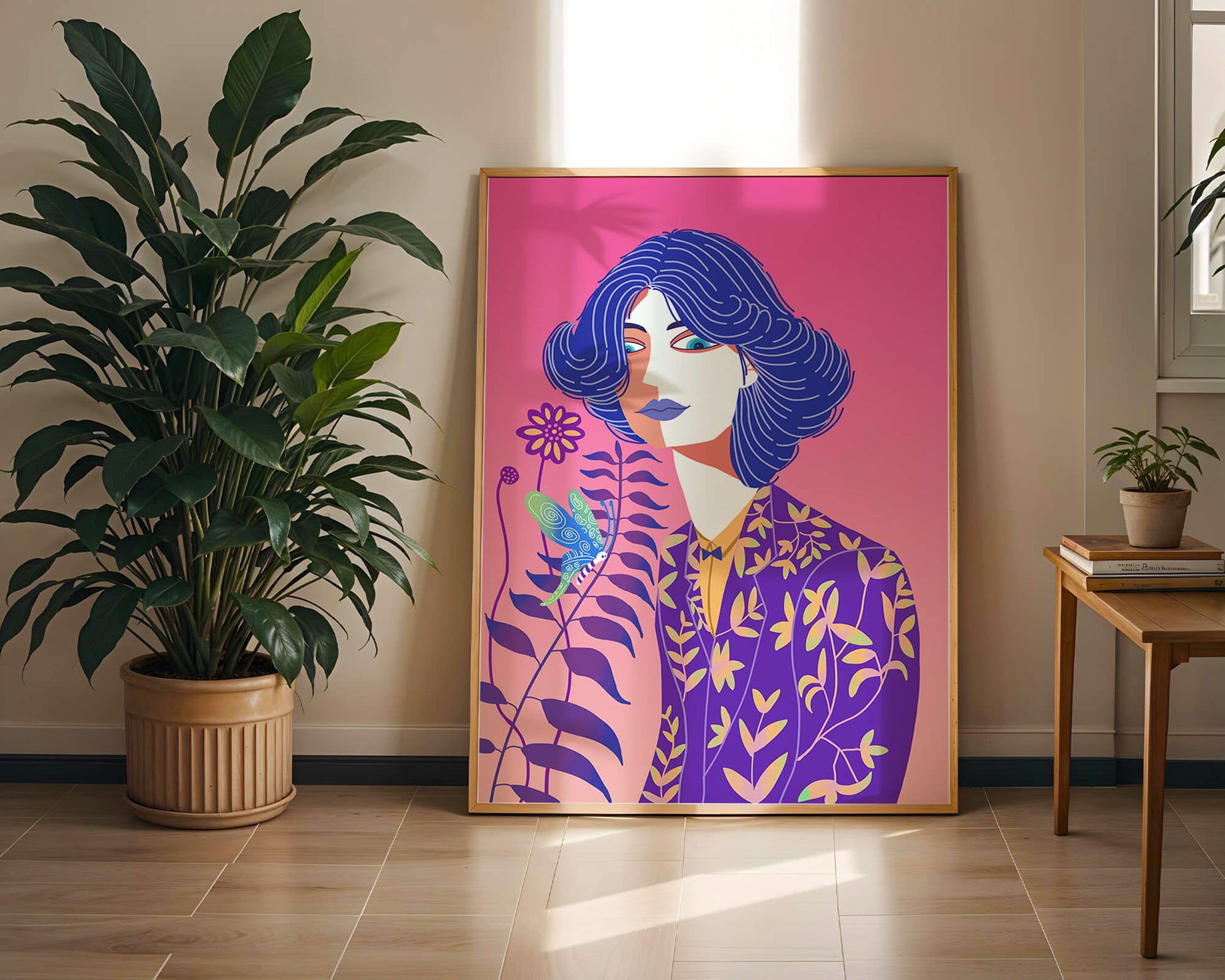 Stylized Portrait of a Woman with Blue Hair and Botanical Pattern