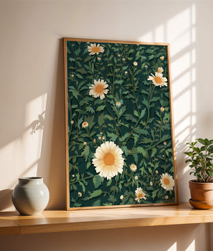 Floral pattern with daisies on a dark green background