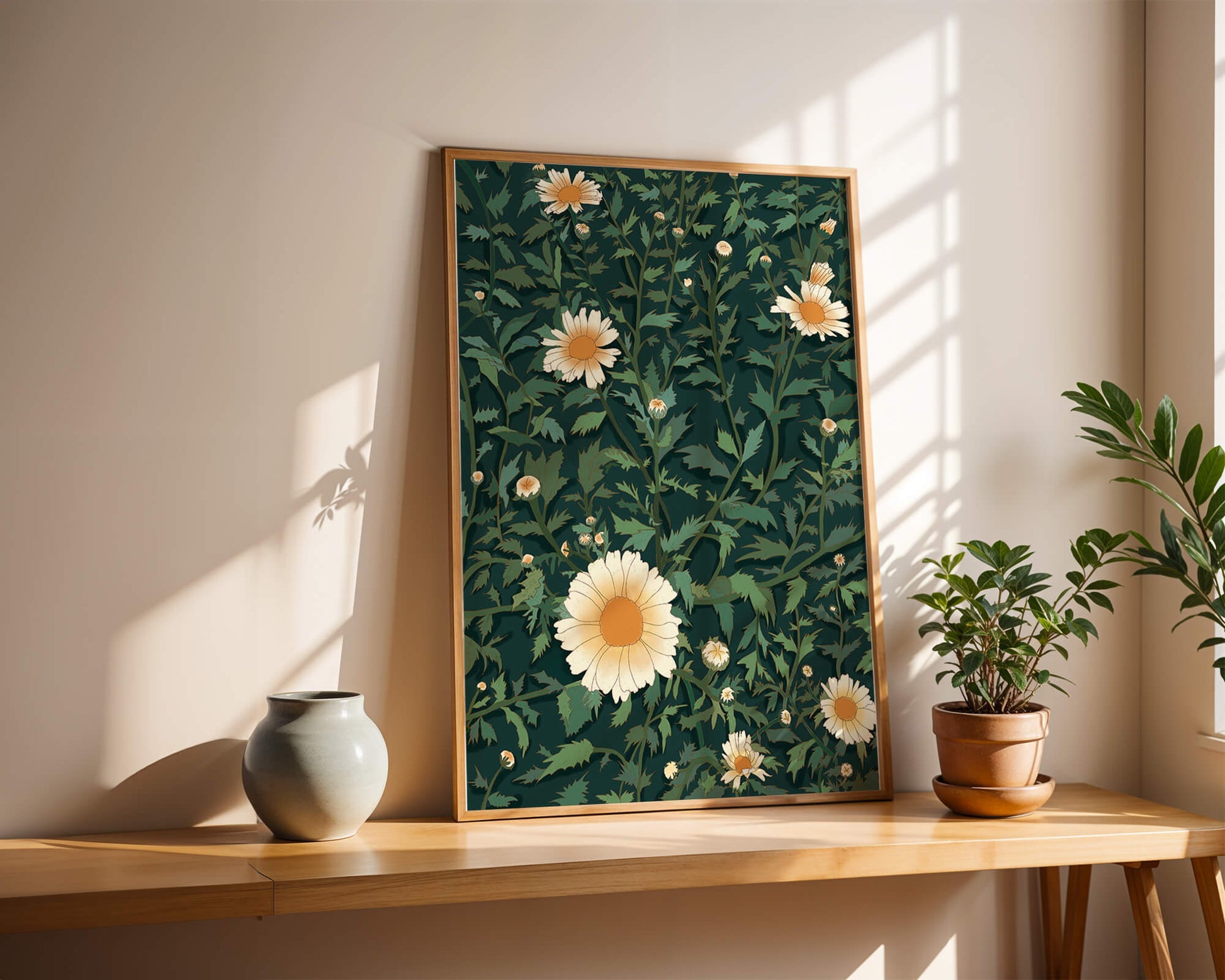 Floral pattern with daisies on a dark green background