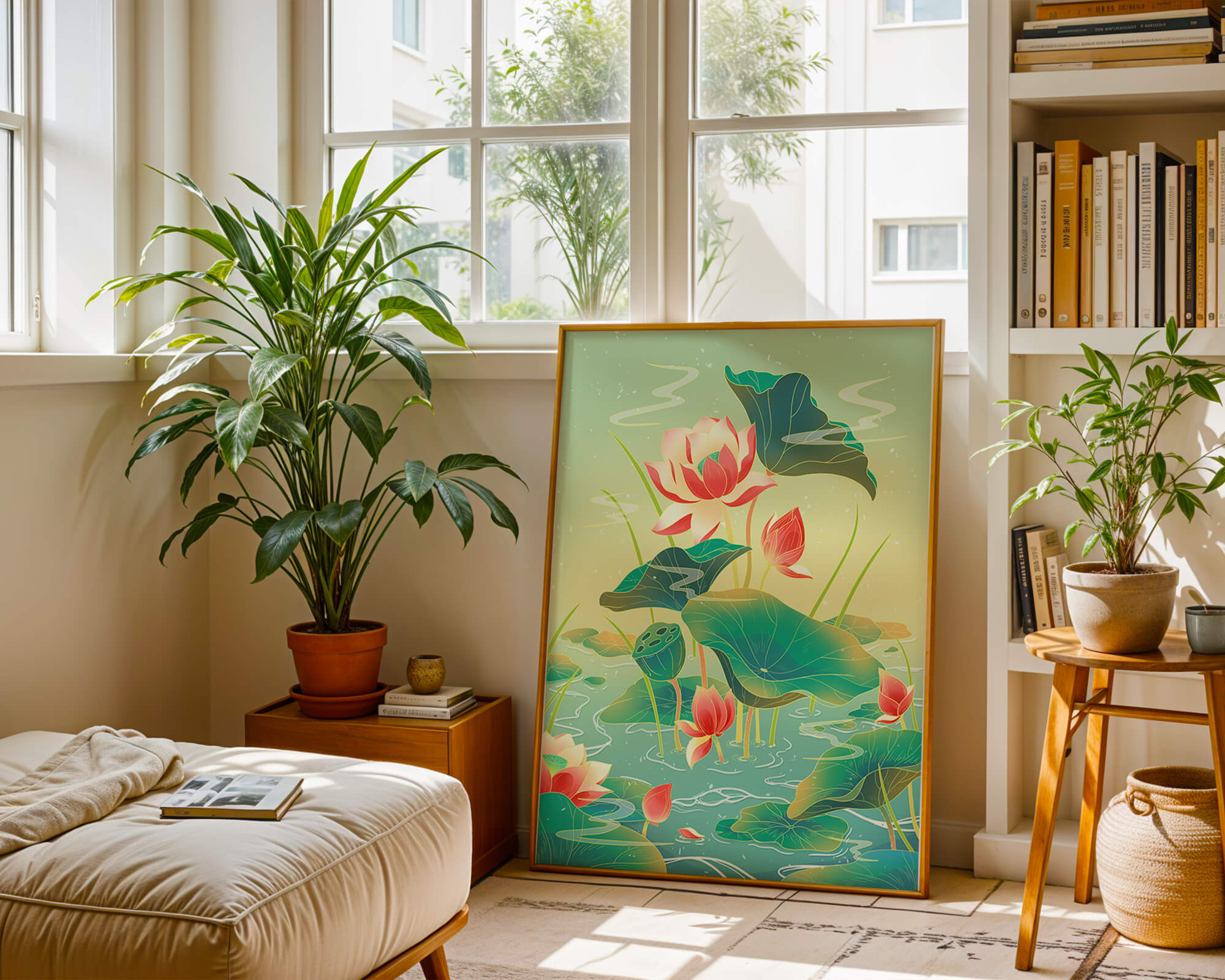 Serene lotus pond with vibrant lilies and lush green leaves
