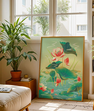 Serene lotus pond with vibrant lilies and lush green leaves