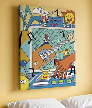Colorful Cartoon Collage with Musical Elements and Smiling Faces