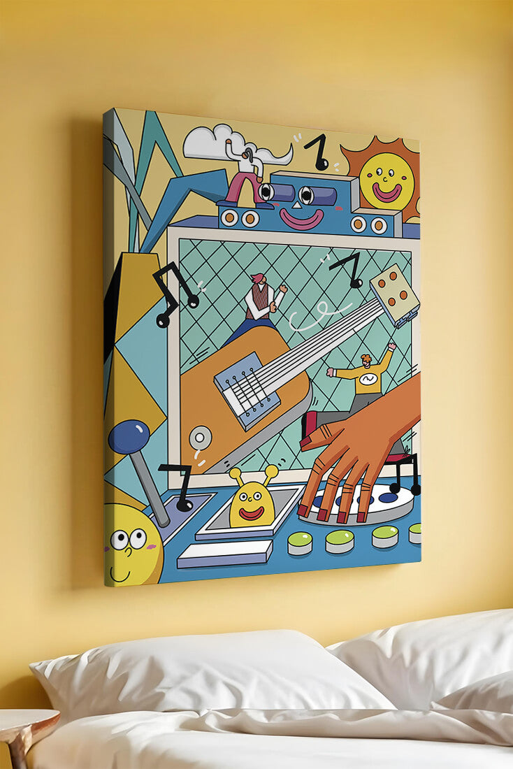 Colorful Cartoon Collage with Musical Elements and Smiling Faces